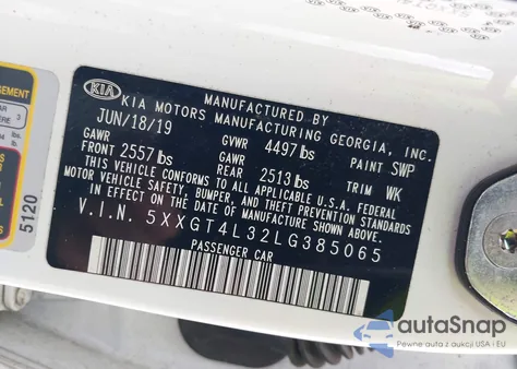 2020 Kia Optima Lx z USA, uszkodzony, nr VIN 5XXGT4L32LG385065